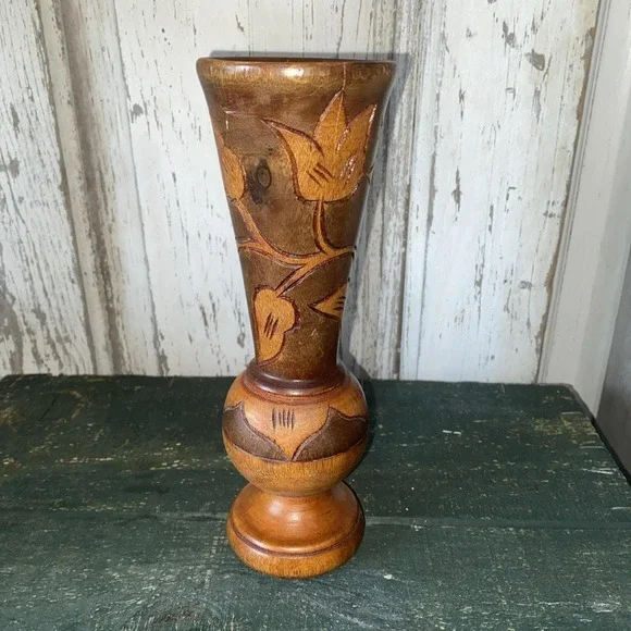 Vintage MCM Wooden Vase With Carved Leaves and Flowers 9" Tall - Picture 1 of 7